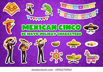 Aufkleber Pack von mexikanischen Cinco de Mayo Zeichen und Essen. Vektorsatz von Patches, Mariachi-Musiker, Chilischoten, traditionelle Pinata und Sombreros, Schnurrbart, Schale Guacamole mit Chips und Poncho