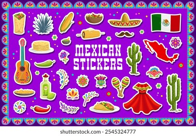 Adesivos de comida mexicana e objetos. Mapa do México vetor cartoon, bandeira e tequila, taco, chapéu sombrero e nachos. Guitarra festival musical mexicano, maracas, vestido e bigode, cacto e burrito