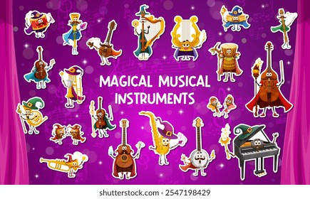 Pegatinas paquete de personajes de instrumentos musicales, personajes de músicos mágicos de Vector. Dibujos animados lindo tambor, piano, guitarra y saxofón magos, violín, trompeta, arpa y banjo brujas conjunto de pegatinas