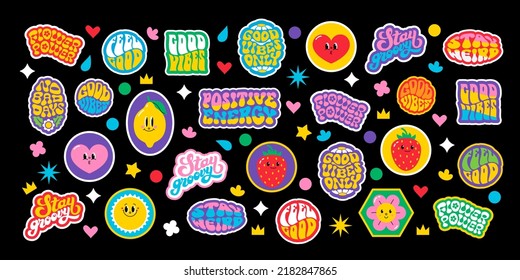 Stickers pack with phrases. Set of trendy pins, various patches, labels or stamps. Vector illustration in retro flat design. 