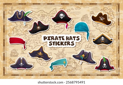 Stickers pack of pirate hats, corsair captain tricorns and sailor bandanas. Cartoon vector set of carnival buccaneer, filibuster, seaman headwear or scarves, rover caps with feathers and jolly rogers