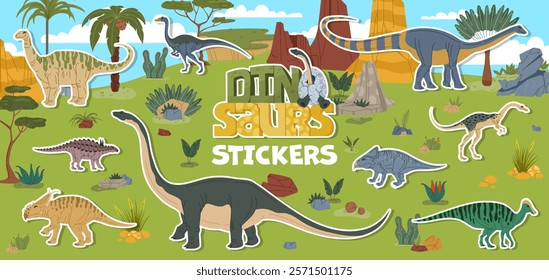 Stickers pack of prehistoric giant dinosaur characters in tropical Jurassic era landscape. Vector patches with cartoon dino animals in the ancient world showcase primordial wild life on the Earth