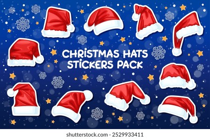 Stickers pack of Santa Christmas hats. Cartoon vector red Noel or Nicholas caps with white fur and snowflakes around. Festive headdress accessory for xmas holiday celebration and winter festivities