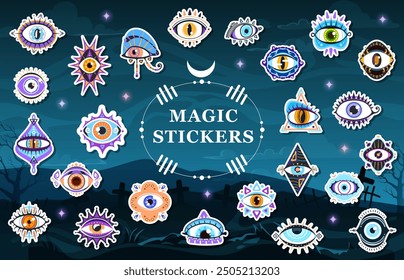 Stickers pack set of magical witchcraft eyes. Mystical esoteric symbols against a dark, enchanted background with night haunted cemetery. Vector set of supernatural and occult all-seeing eye patches