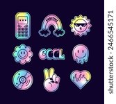 Stickers pack set of retro y2k style. Trendy Holographic stickers, Patches collection. Holographic stickers in the shape of emoticons, retro phone, rainbow
