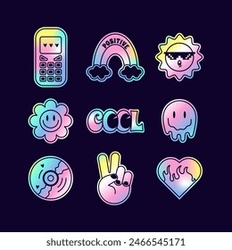 Stickers pack set of retro y2k style. Trendy Holographic stickers, Patches collection. Holographic stickers in the shape of emoticons, retro phone, rainbow