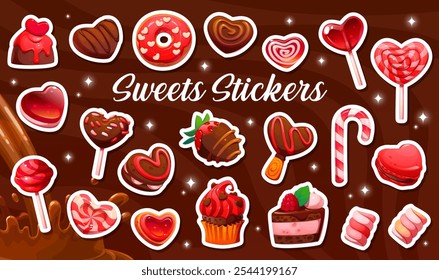 Paquete de pegatinas de piruleta de caramelo rosa corazón de San Valentín, dulces y confitería, comida de Vector. Caricatura en forma de corazón de chocolate, pastel, cupcake y galleta, piruleta, caramelo y malvavisco pegatinas