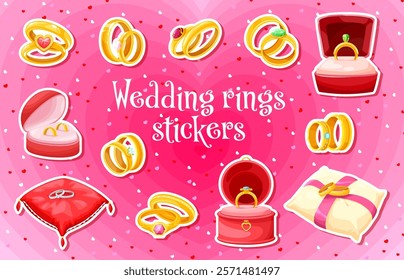 Stickers pack of wedding and marriage rings, engagement jewelry vector set. Cartoon gold wedding rings with diamond, sapphire and emerald gems, gift boxes and display pillows, marriage jewelry sticker