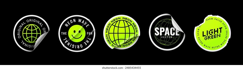 Stickers, paper round sticker with wrinkles and bent edges. Vector realistic mockup set of circle sticky tags and labels with folds isolated on black background. Vector illustration