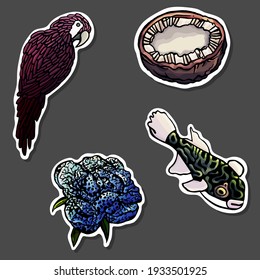 Stickers, parrot, coconut, flower, fish, puffer fish, dark background, cartoon style, isolated, feather, outline, border, white, outline, typography, funny, kids, fun, glue, cut, children, task, logic