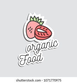 Stickers or patch badge and cartoon illustration strawberry. Vector doodle summer tasty fruit