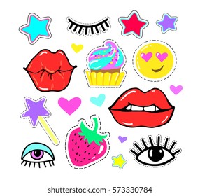 Stickers, patch set collection. Lips, eyes, smile, star, candy, magic wand, strawberry, cake. Vector artwork. Fashion badges. Vintage concept. Black, red, green, blue, white colors