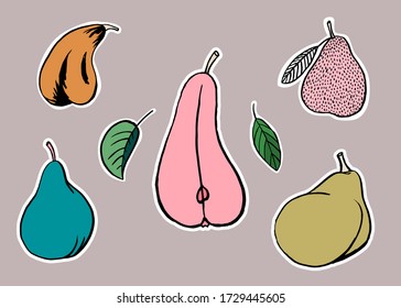 Stickers with pears in sketch style - vector illustration. Perfect for diary, notepad, school, kids, kitchen, recipes books.