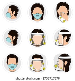 Stickers of a people icons with a safety visor and face mask - Vector