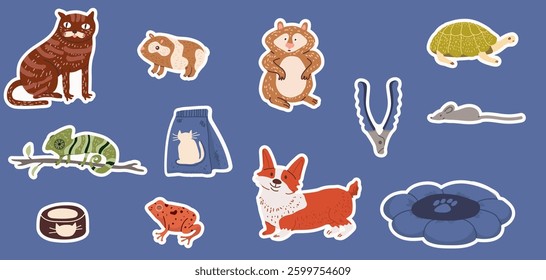  Stickers with pets, cute pets, hand drawn vector illustration.