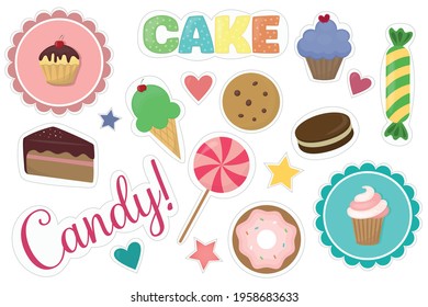Stickers, pictures of sweets. Cake, cupcake, cookies, candy, ice cream, macaroon.