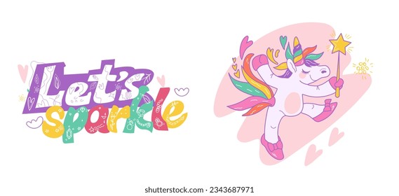 Stickers or prints with cute unicorns and lewttering element, vector illustration isolated 
