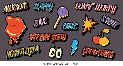 Stickers with quotes and text in retro style. Retro graphic design of lips, lollipop, quotes for stickers, prints, posters, cards, web design. Vector illustration.