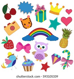 stickers: rainbow, diamond,bow, cake, camera