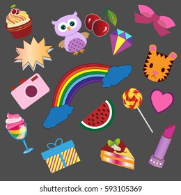stickers: rainbow, diamond,bow, cake, camera