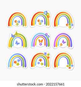 stickers rainbow vector set funny colorful flowers butterflies stars gradient