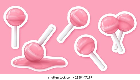 Stickers with realistic pink glossy candies on a stick, lollipop, melted. Look like 3d rendering. Vector illustration for card, party, design, flyer, poster, banner, web, advertising.