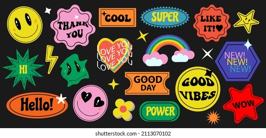 Stickers Retro 70s set. Cool Trendy labels, badges. Modern acid patches hippie hipster style. Vector illustration