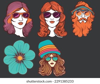 Stickers Retro set. Cool Trendy labels, badges. Modern acid patches hippie hipster style. Vector illustration, set of cartoon people