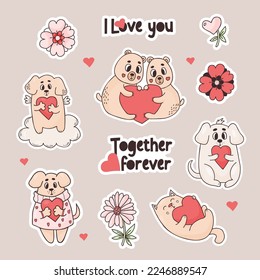 Stickers romantic animals. Cute couple bears, dogs and cats with heart, flowers and love slogan. Vector illustration in colored doodle style. Isolated funny animals for design, decor