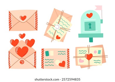 Stickers with romantic postcards, envelopes and love letters. Flat vector St. Valentine's Day illustration isolated on white background. Elements for sticker pack, banner, card. Editable stroke.