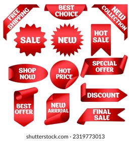 Stickers sale, discount, best offer, promotion, new arrival, free shipping. Ribbons for promotions. Sales label collection. Sale banner sticker, shopping clipart set. 
