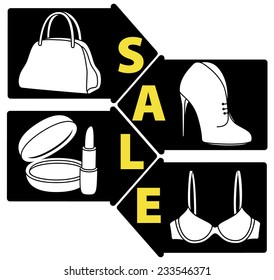 STICKERS SALE. WOMEN CLOTHING AND SHOES SHOPPING. VECTOR ILLUSTRATION