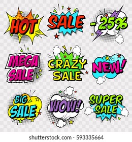 Venta de etiquetas, descuentos, venta final en un estilo cómico. Ventas de primavera y verano.
Dibujo pop en un fondo transparente, pegatinas brillantes en el estilo de los cómics. Ilustración del vector