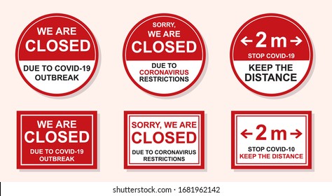 Stickers with sample text and copy space in red. Closed sign for store and restaurant doors. Event cancelled, school off. Coronavirus known as SARS-CoV - vector illustration in circles and squares.