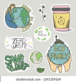 Pegatinas Salvan la Tierra, protejan nuestro planeta, ecología ecológica, cambio climático, basura cero y familia ecológica. Ilustración vectorial, dibujada a mano.