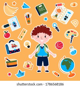 Stickers School With Boy In Uniform With Backpack. Education Decorative Objects For Elementary School With Stationery Such As School Box, Ball, Globe, Pen, ABC Book, Apple.