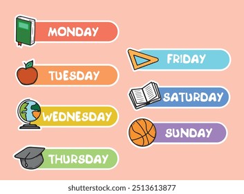 Stickers for school. Stickers with days of the week, Monday, Tuesday, Wednesday, Thursday, Friday. Vector flat stickers.