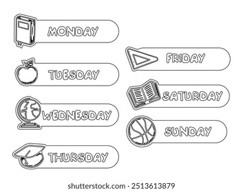 Stickers for school. Stickers with days of the week, Monday, Tuesday, Wednesday, Thursday, Friday. Vector flat stickers.