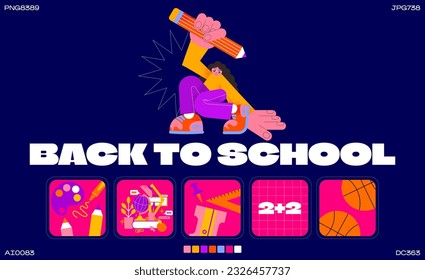 Stickers of school elements and girl character in 90s style, stationery in retro cartoon hippie groovy style. Back to school poster