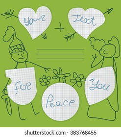 Stickers of a school notebook in the form of heart, shield, circle and leaf on the fun background illustrating greeting knight princess.