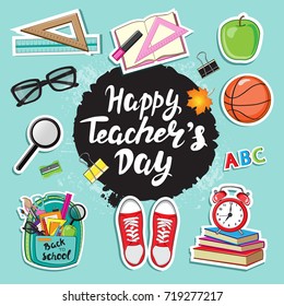 Stickers with School Supplies on a blue background and lettering Happy teachers day