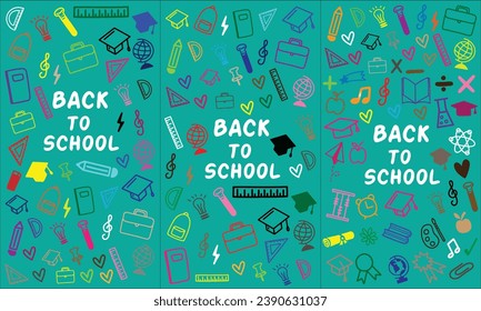 Stickers with School Supplies on a green background collection.Modern calligraphy phrase. Back to school.
