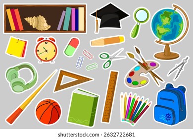Pegatinas con útiles escolares. Conjunto de Vector de color con útiles escolares en pegatinas y calcomanías.