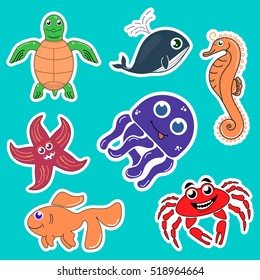 Stickers sea creatures turtle, starfish, whale, goldfish, crab, octopus, seahorse. Vector image. Cartoon-style.