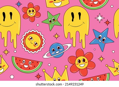 Stickers seamless pattern. Repeating image for printing on gift wrapping paper. Icons in retro style, hallucinations and hippies. Bright pictures for children. Cartoon flat vector illustration