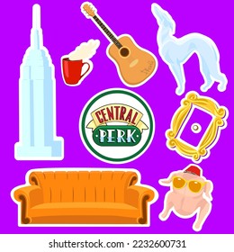 Stickers for the series Friends, sitcom. New York, guitar, cafe Central Perk, orange sofa, yellow frame, turkey in glasses on purple, dog statue. Illustrative editorial. Ukraine. Kyiv. 30.11.2022