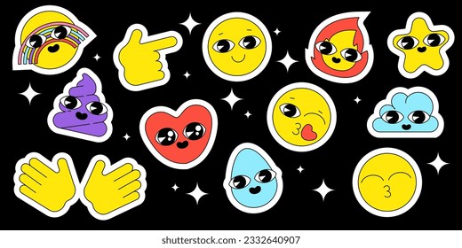 Los stickers tienen el estilo de los años 70. Paquete de vectores. Colección de personajes de caricatura, rostro de sonrisa garrapata, popó, corazón, clima, fuego, arcoiris. Cuto diseño hippie retro groovy. Conjunto de stickers planos de cartón de línea
