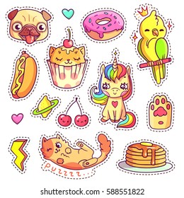 Stickers set in 80s-90s pop art comic style. Patch badges and pins with cartoon animals, sweet and fast food. Vector crazy doodles with cute unicorn, pug's head, cupcake cat etc. Part 15