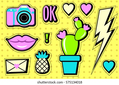 Stickers set 90s. Cartoon patch badges. Vector illustration 