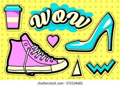 Stickers set 90s. Cartoon patch badges. Vector illustration 